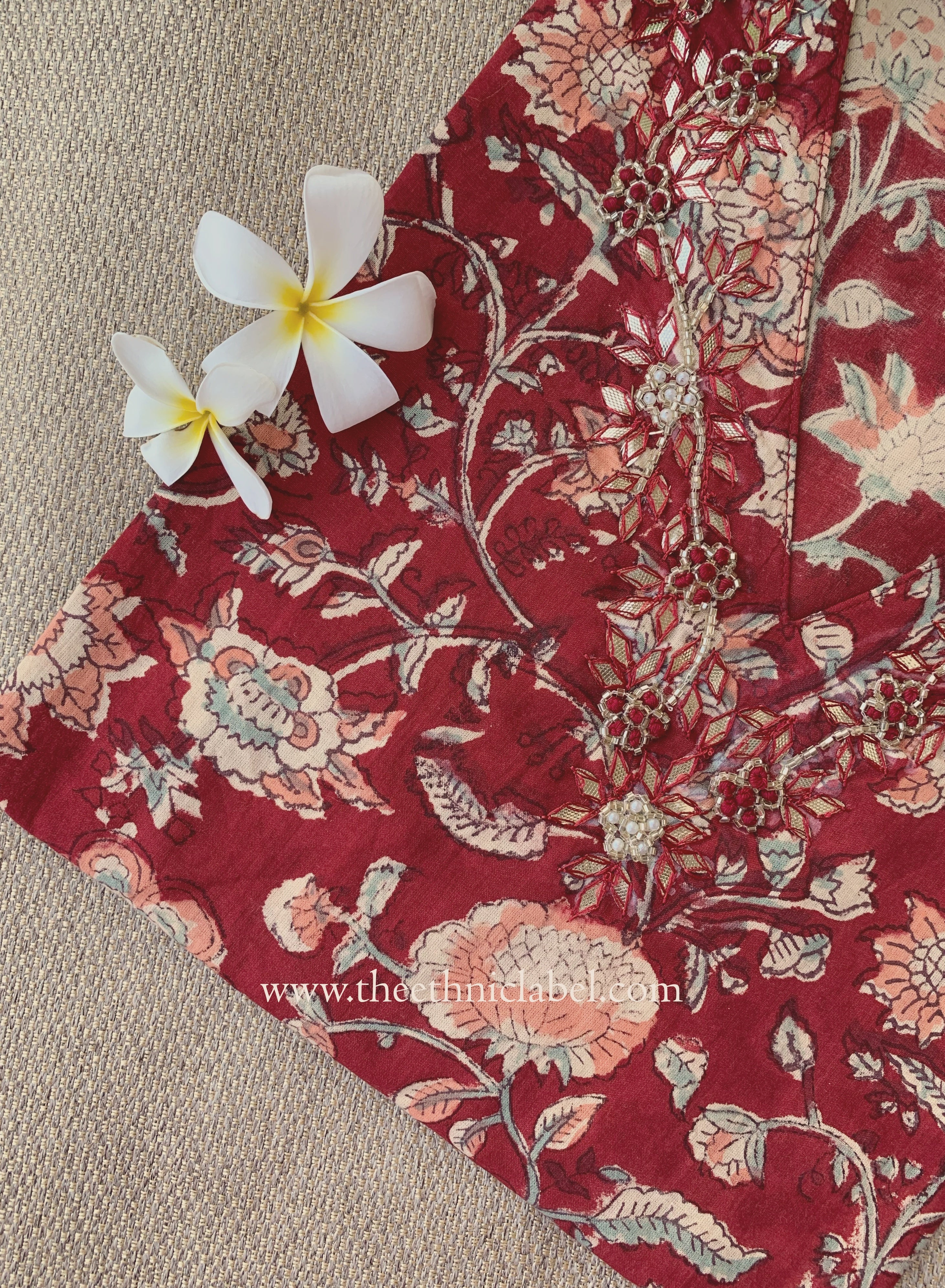 Naqsh Hand Embroidered Block Printed Red Cotton kurta