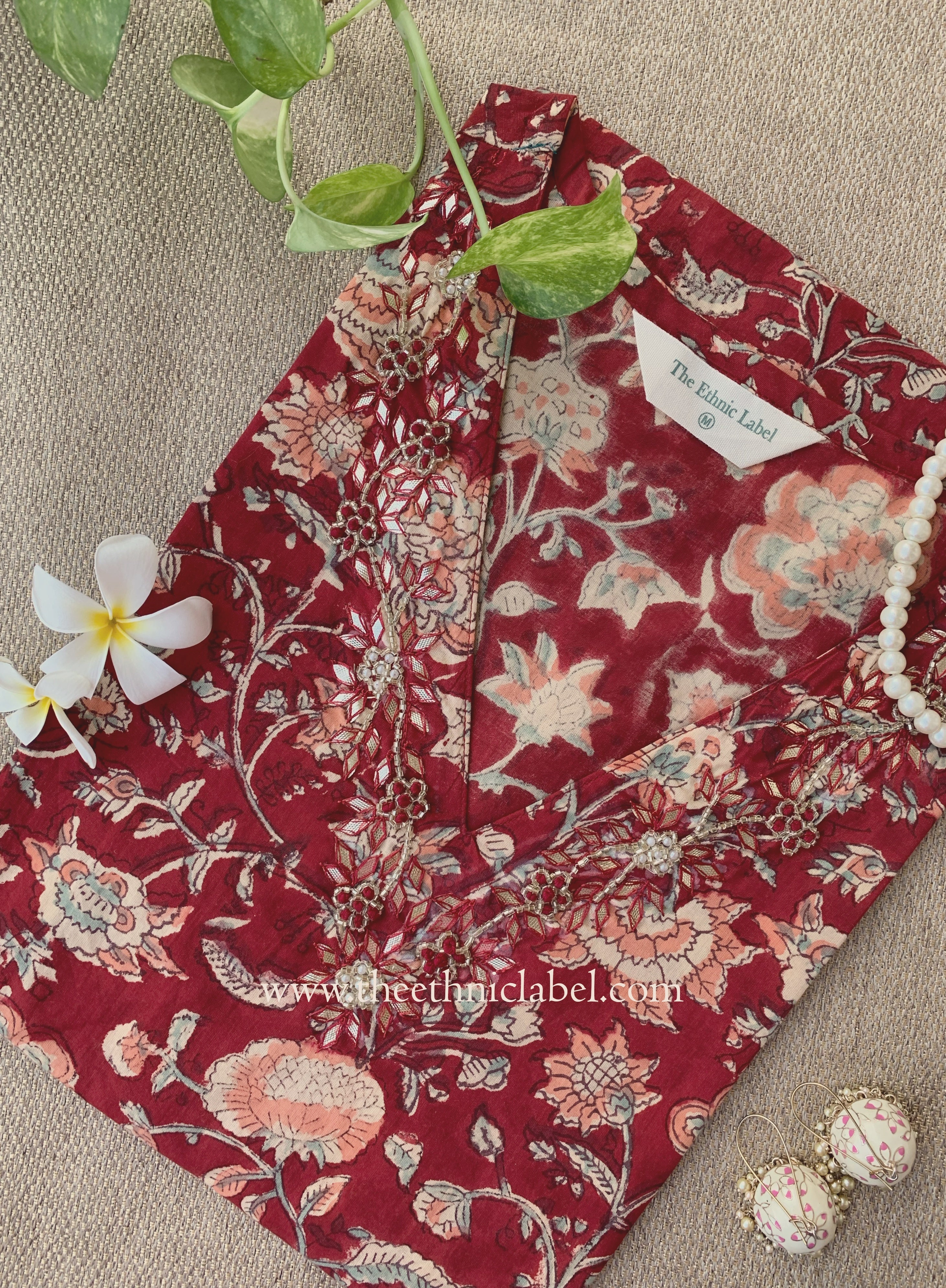 Naqsh Hand Embroidered Block Printed Red Cotton kurta