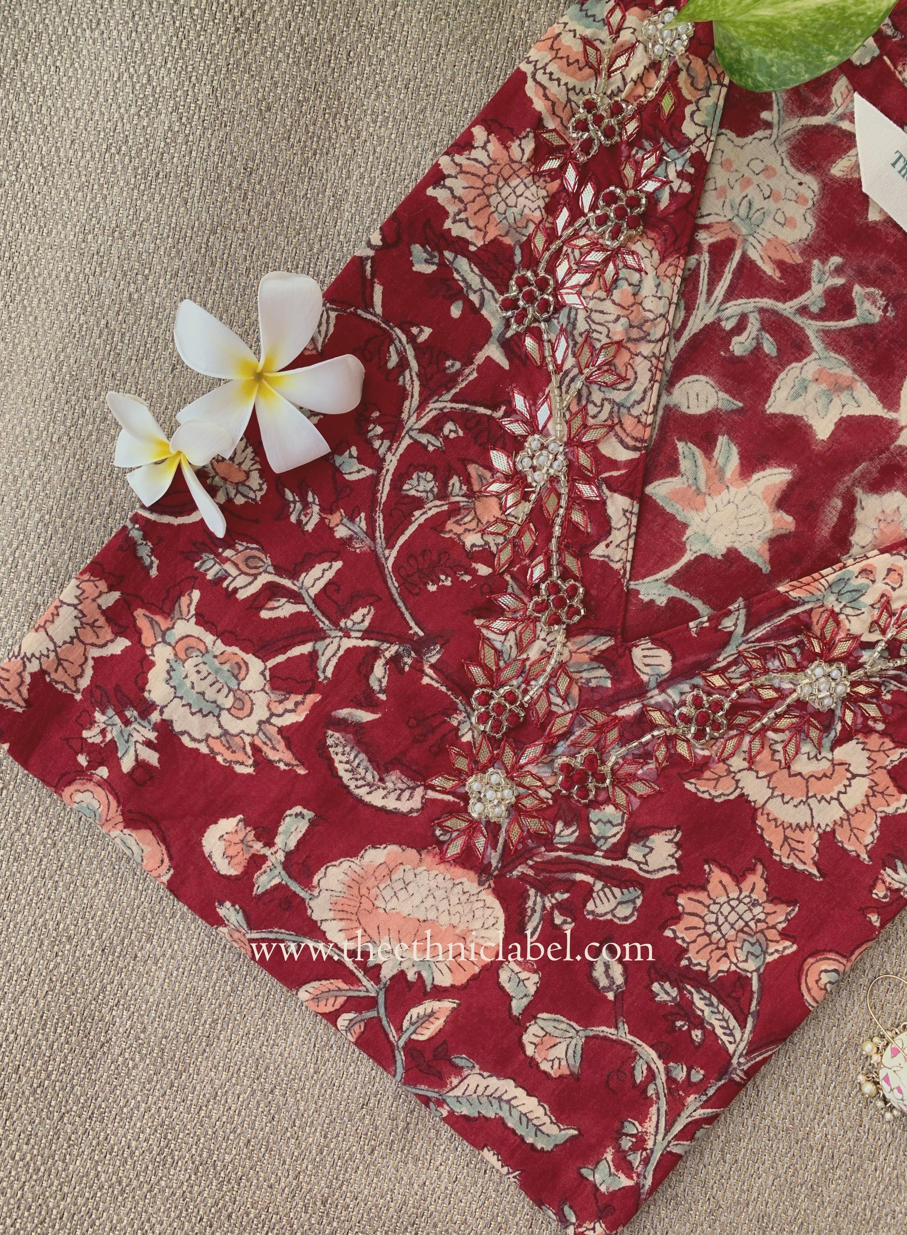 Naqsh Hand Embroidered Block Printed Red Cotton kurta