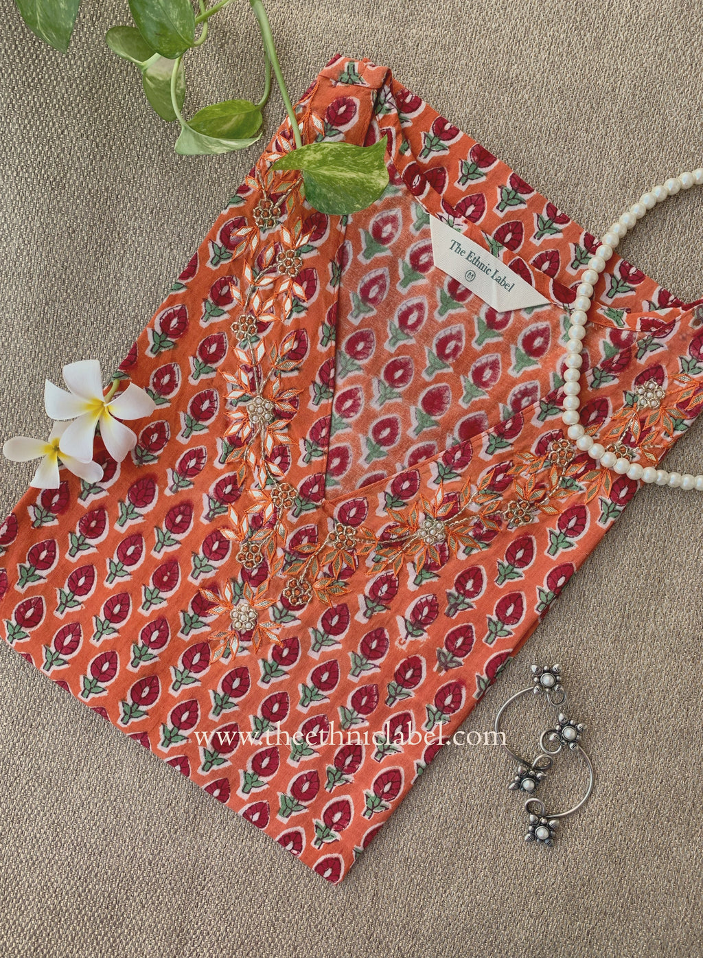 Jhalak Hand Embroidered Block Printed Orange Cotton kurta