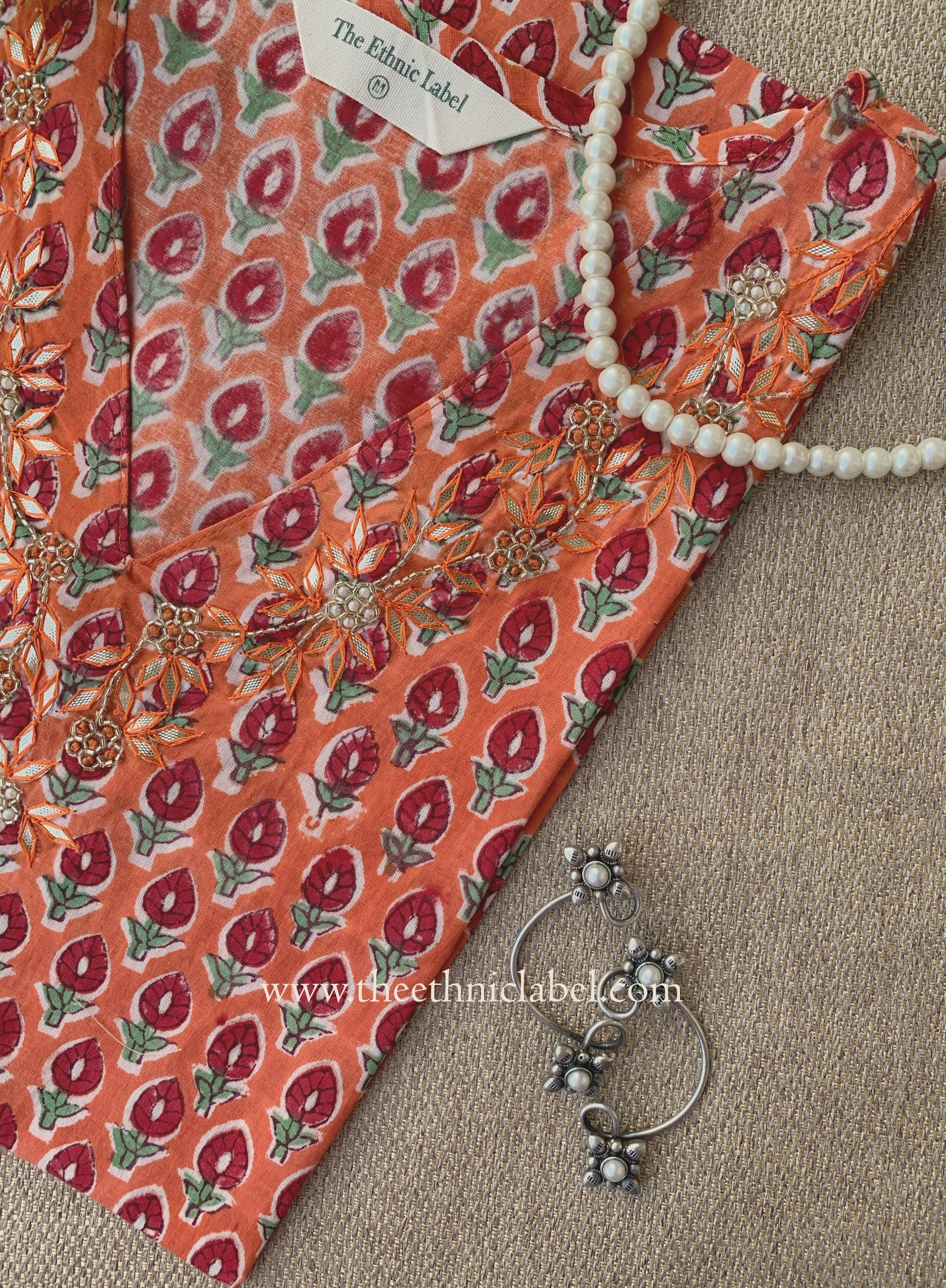 Jhalak Hand Embroidered Block Printed Orange Cotton kurta