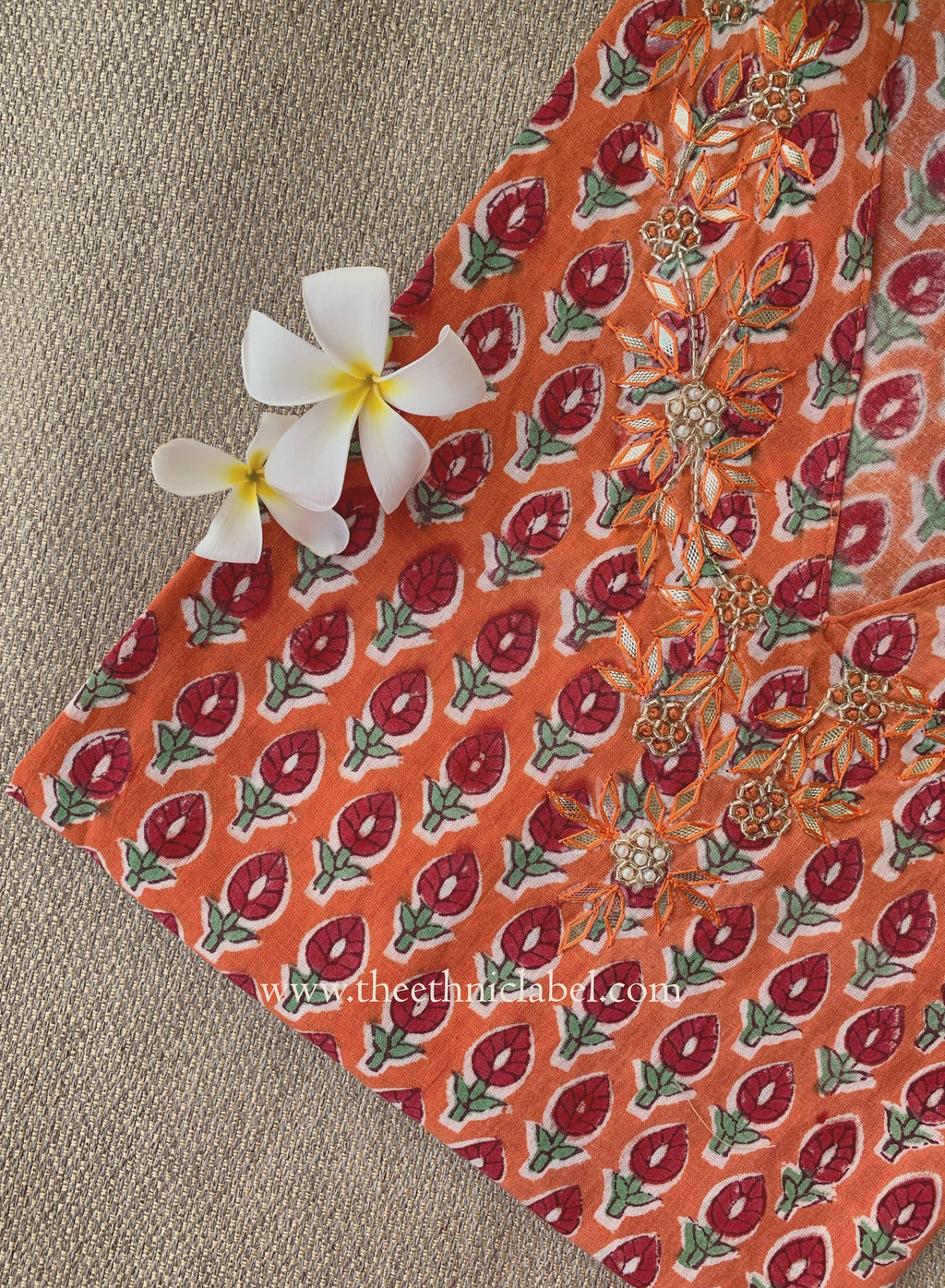 Jhalak Hand Embroidered Block Printed Orange Cotton kurta
