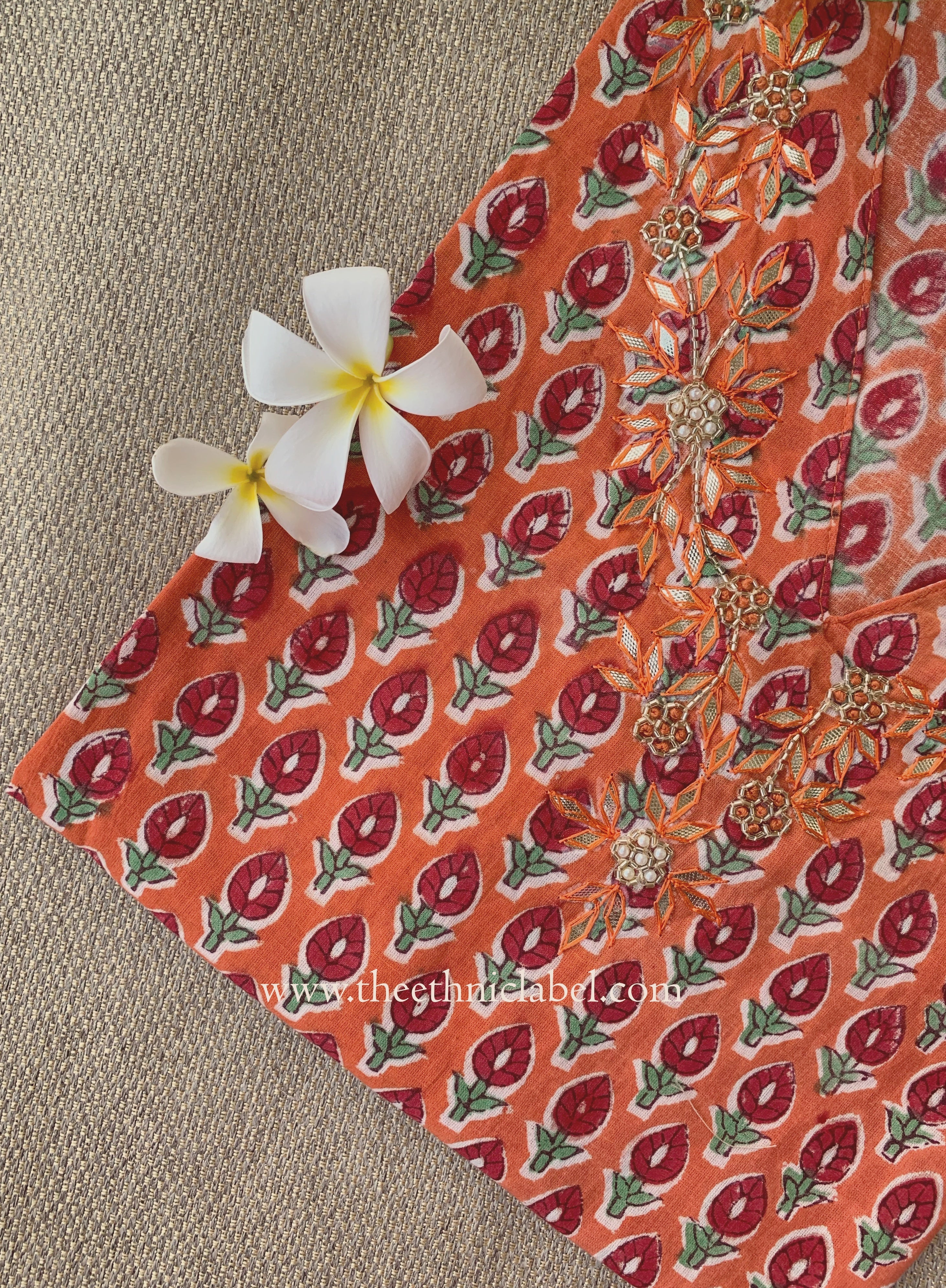 Jhalak Hand Embroidered Block Printed Orange Cotton kurta