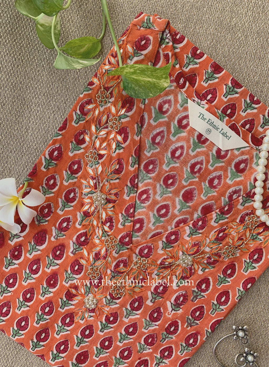 Jhalak Hand Embroidered Block Printed Orange Cotton kurta