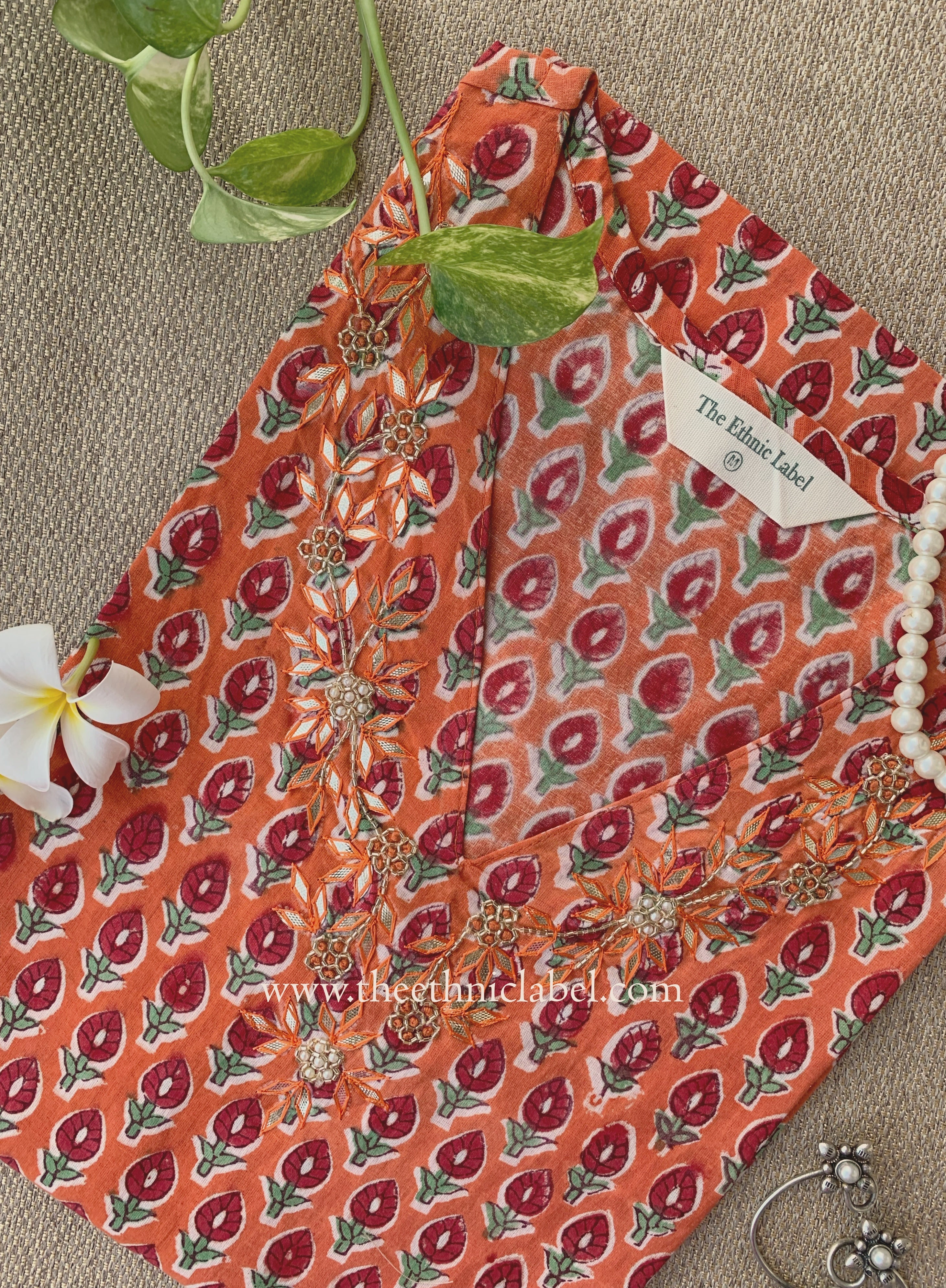 Jhalak Hand Embroidered Block Printed Orange Cotton kurta