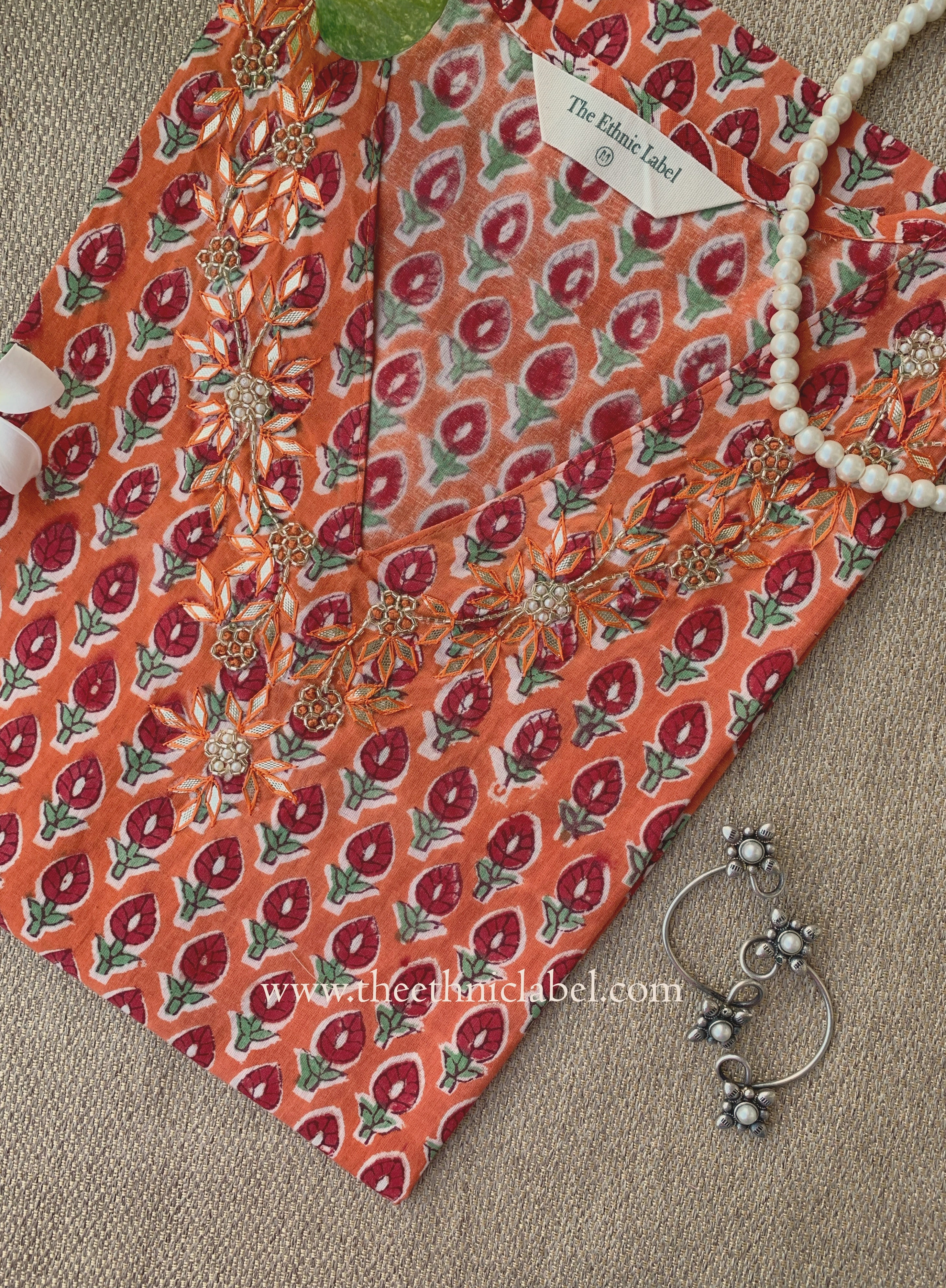 Jhalak Hand Embroidered Block Printed Orange Cotton kurta